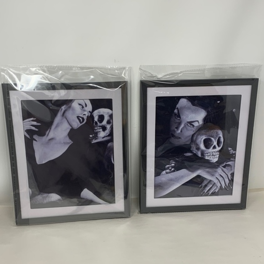 2 Vampira with skull heads Black and White Halloween Art Prints goth decor new - Picture 1 of 17